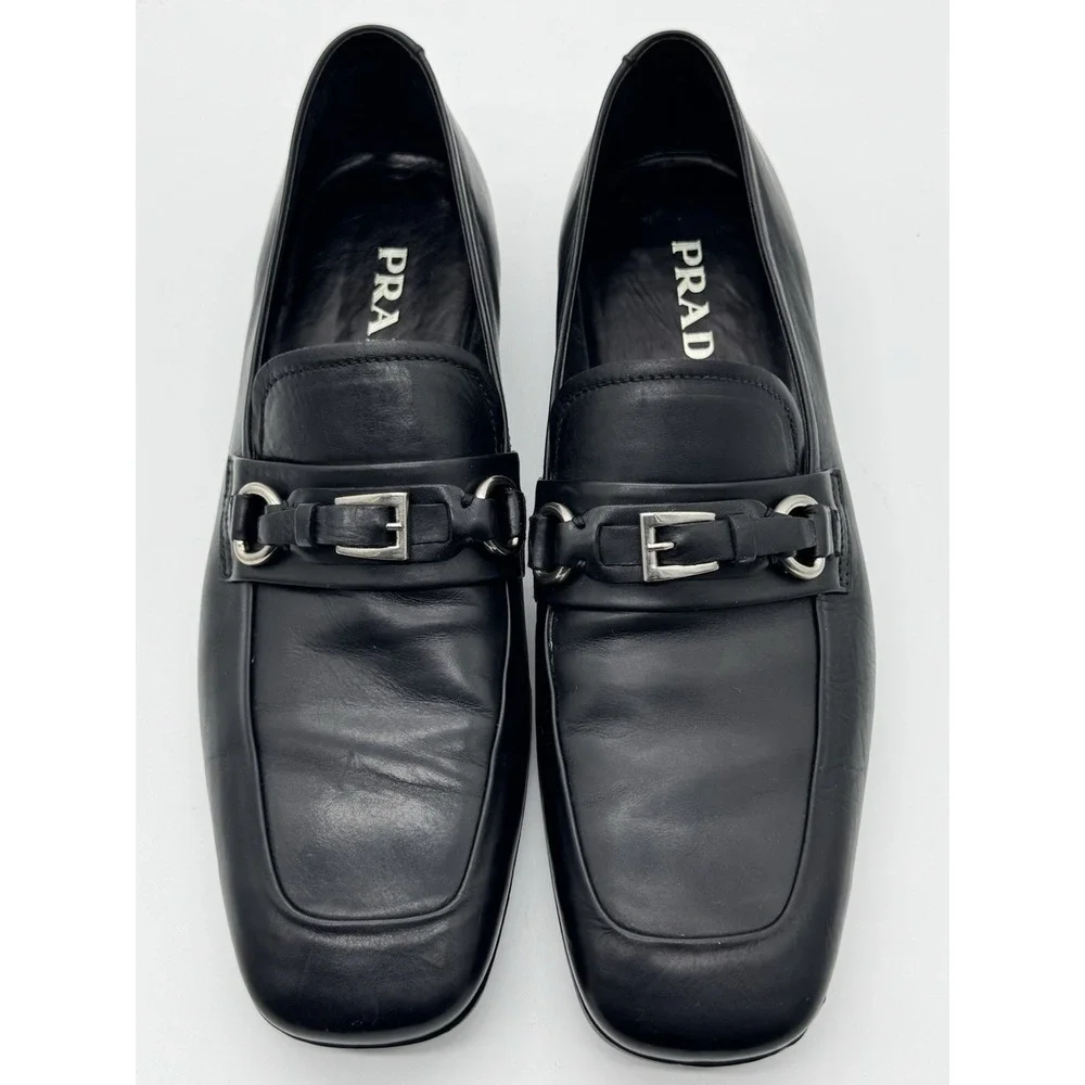 Prada Black Leather Buckle‎ Loafers Men's US 7 Made in Italy New In Box - Picture 8 of 13